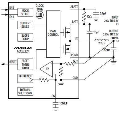MAX1572ETC180, 800 мА, 2 МГц, понижающий ШИМ DC-DC преобразователь, вырабатывающий сигнал nonRESET